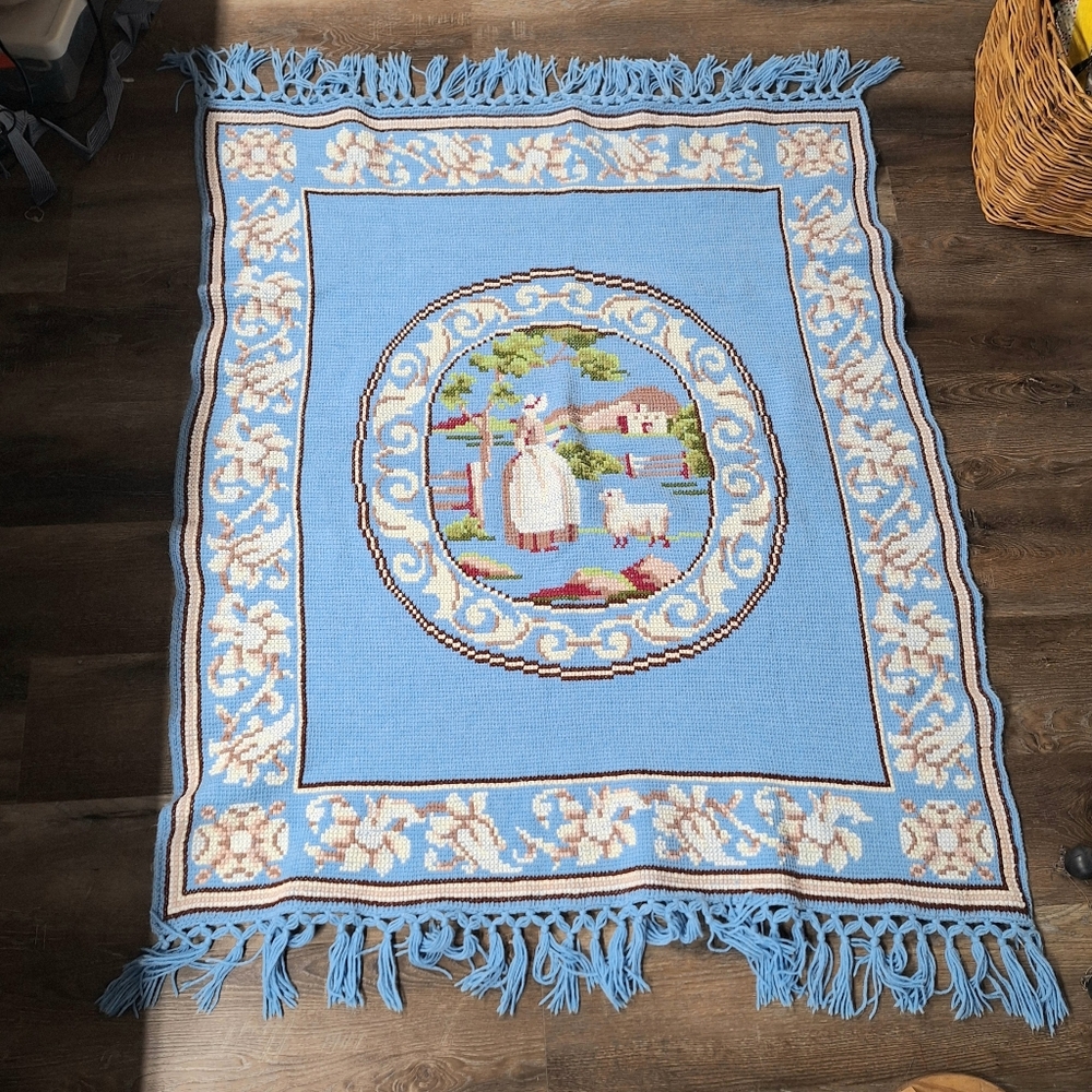 Vintage Hand Crafted "Little Bo Peep" Crocheted and Fringed Afghan-Wool Blend